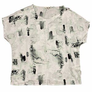 Calvin Klein Womens L Green Abstract Print Blouse Dolman Short Sleeve Round Neck